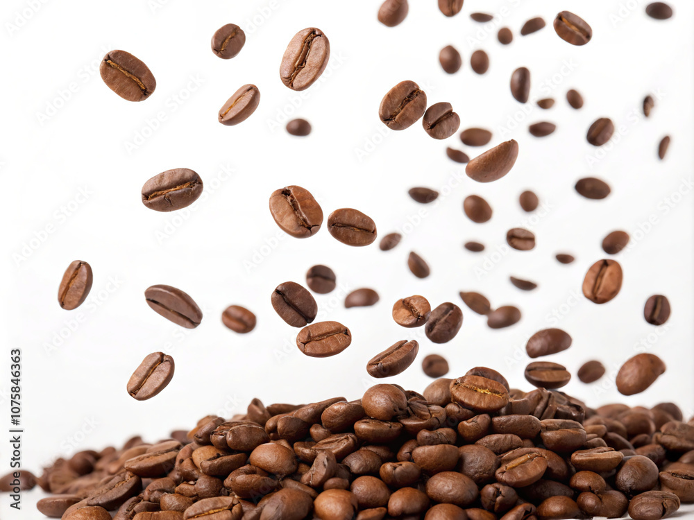 Naklejka premium coffee beans background. coffee, bean, brown, beans, caffeine, drink, roasted, cafe, isolated, white, aroma, roast, grain, food, black, espresso, seed, dark, coffee beans, cup, beverage, closeup, brea