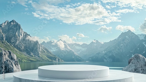 Circular Platform with Mountain Range and Lake Background photo