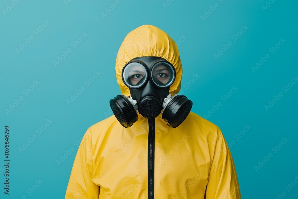 A man in a yellow hazmat suit is wearing a gas mask A man in a yellow hazmat suit is wearing a gas mask