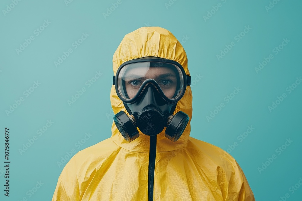 A person in a yellow protective suit with a gas mask on A person in a yellow protective suit with a gas mask on