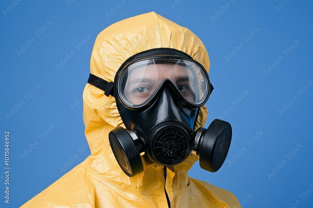 A man in a yellow suit with a gas mask on his face A man in a yellow suit with a gas mask on his face