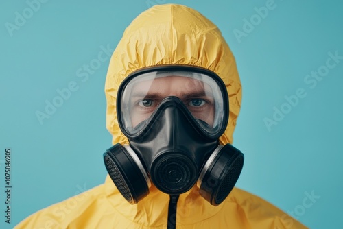 A man in a yellow protective suit with a gas mask on his face