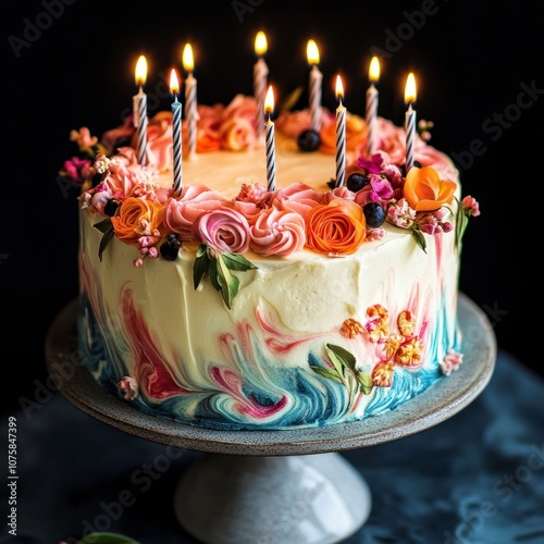 beautiful birthday cake with candle wishes photo