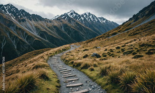A winding path leads up a grassy mountainside with snow-capped peaks in the distance