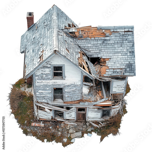 Abandoned house with extensive damage, showcasing peeling paint and broken windows, surrounded by overgrown vegetation. structure evokes sense of decay and neglect photo