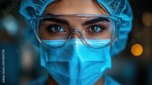 Close-up portrait of a female doctor wearing a surgical mask and goggles, looking directly at the camera.