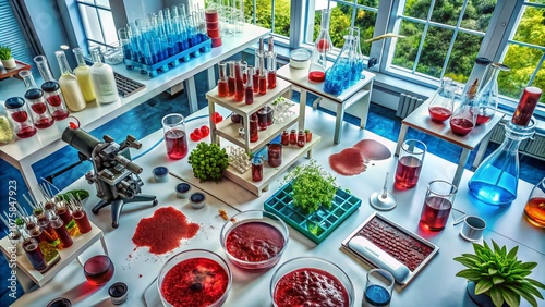 Aerial View of a Medical Visualization Depicting Bloody Phlegm in a Laboratory Setting with Various Biological Samples and Equipment Highlighting Health and Disease Research