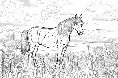 A majestic horse standing gracefully in a field of flowers, surrounded by a serene landscape with clouds and a distant sunset.