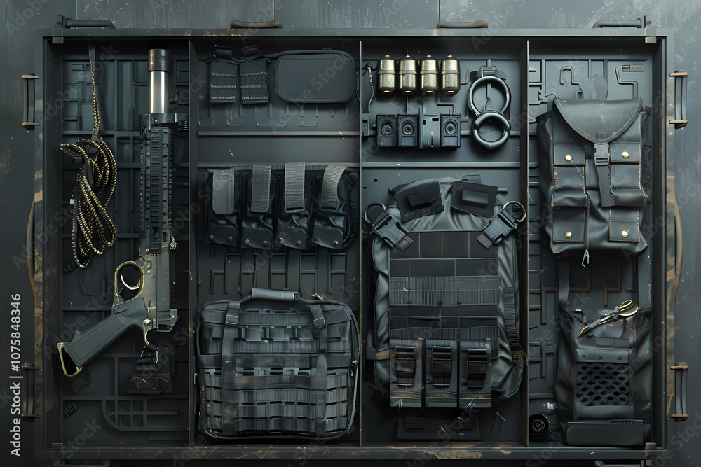 An organized tactical gear setup showcasing a combat rifle, magazines, and various tactical equipment and accessories. An organized tactical gear setup showcasing a combat rifle, magazines, and various tactical equipment and accessories.