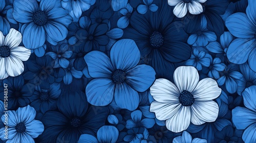 Elegant seamless floral pattern with hand-drawn blue flowers,