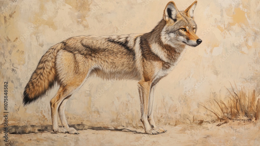 Fototapeta premium a Animal/Wildlife of A coyote representing, positioned to the right with a sandy soft-toned background