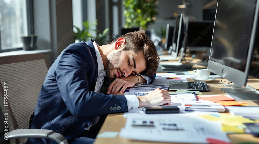 Exhausted businessman sleeping at desk amidst piles of paperwork in modern office Exhausted businessman sleeping at desk amidst piles of paperwork in modern office