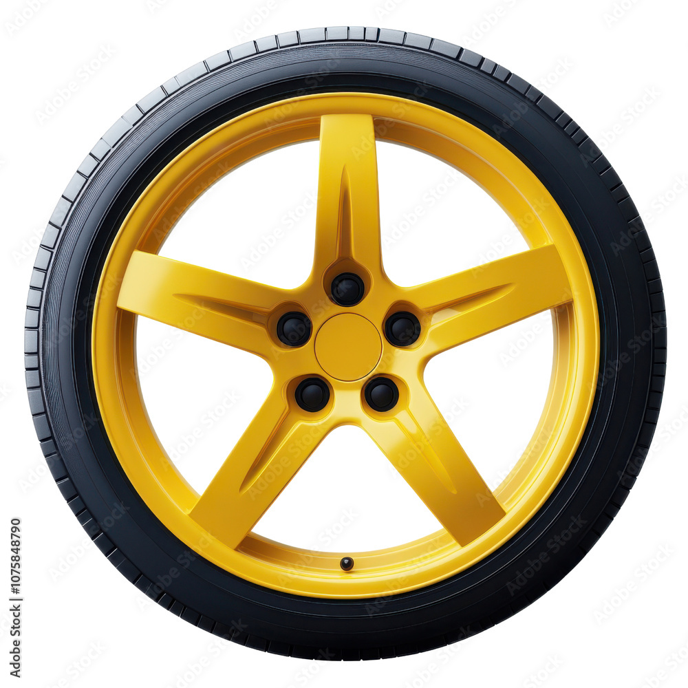 vibrant yellow alloy wheel with sleek five spoke design, showcasing black tire. This striking combination adds sporty touch to any vehicle vibrant yellow alloy wheel with sleek five spoke design, showcasing black tire. This striking combination adds sporty touch to any vehicle