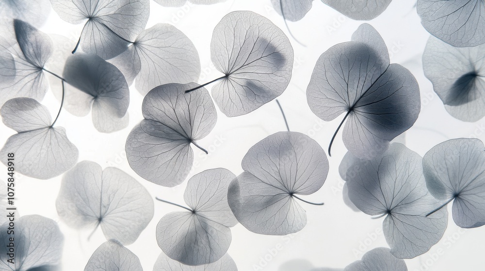 Ethereal silver dust lunaria leaves, floating against a white backdrop,