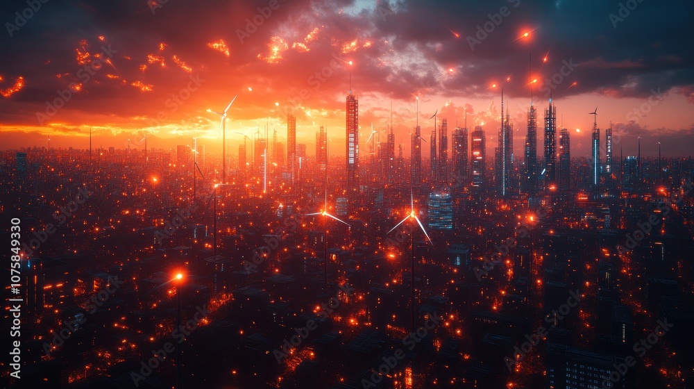 Fototapeta premium Futuristic cityscape at sunset with glowing lights and skyscrapers.