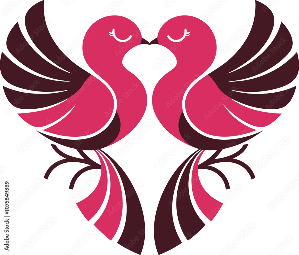 Obraz premium Elegant vector illustration of two stylized lovebirds kissing, featuring pink and maroon colors in a heart-like design. Perfect for love and romantic themes