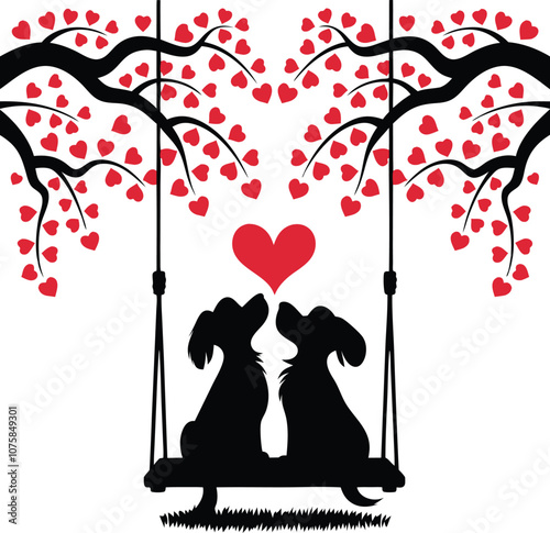 Adorable vector illustration of two dogs on a swing under tree branches adorned with red heart leaves, perfect for love and romantic-themed designs