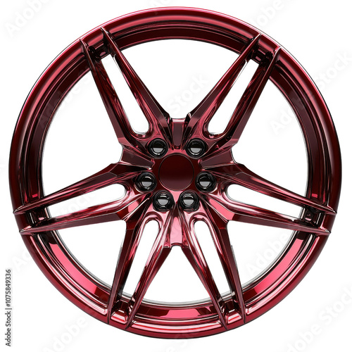 Sleek and modern alloy wheel with glossy red finish, featuring unique five spoke design and black accents, perfect for enhancing vehicle aesthetics