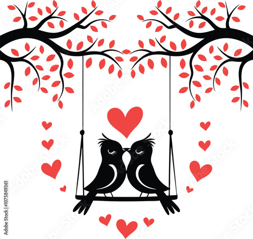 Romantic vector illustration of two lovebirds on a swing under branches with pink heart leaves, perfect for love, romance, and nature-themed designs