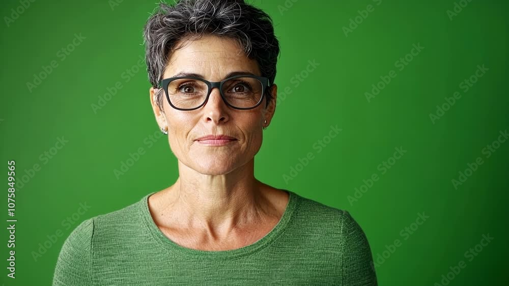 Confident mature woman with short gray hair and wearing glasses is posing on a green screen background, ideal for marketing and advertising purposes Confident mature woman with short gray hair and wearing glasses is posing on a green screen background, ideal for marketing and advertising purposes