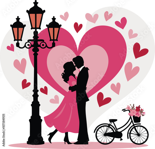 Vector illustration of a romantic couple embracing under a lamppost with a heart background and a bicycle adorned with flowers. Perfect for love and romance themes