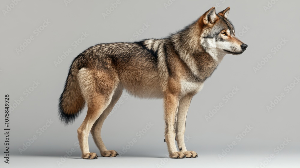Fototapeta premium a Animal/Wildlife of A wolf representing, positioned to the right with a silver soft-toned background.