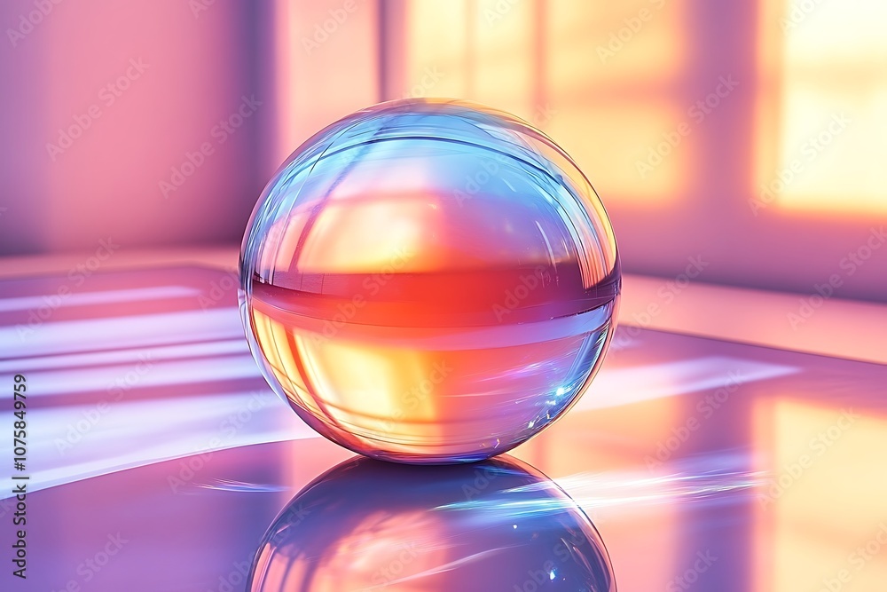 A glass sphere reflects vibrant colors in a futuristic setting. A glass sphere reflects vibrant colors in a futuristic setting.