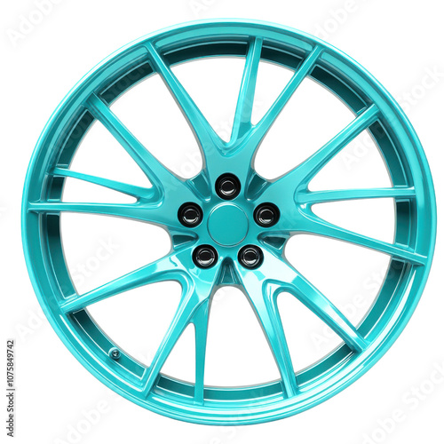 vibrant turquoise alloy wheel featuring modern design with multiple spokes, perfect for enhancing look of any vehicle. Its glossy finish adds touch of elegance and style