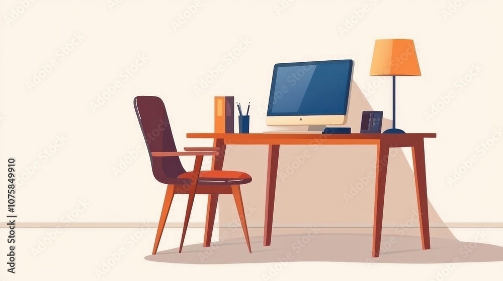 Flat vector illustration of an empty work desk with a desktop computer Flat vector illustration of an empty work desk with a desktop computer