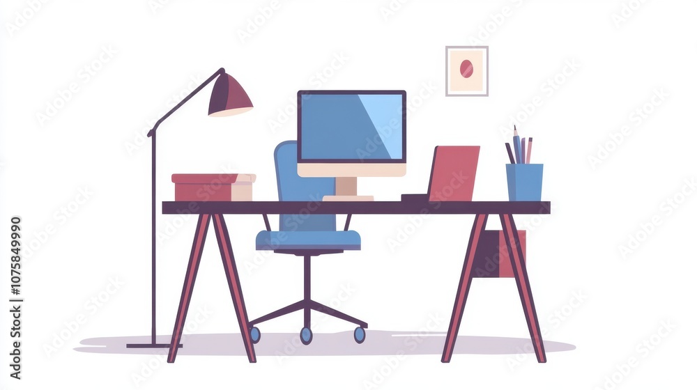 Fototapeta premium Flat vector office setup with a modern work desk, desktop computer,
