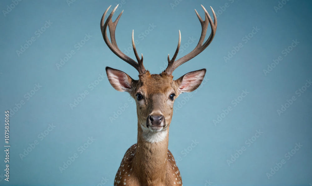 A deer with large antlers stares directly at the camera, its brown fur blending with the blue background A deer with large antlers stares directly at the camera, its brown fur blending with the blue background