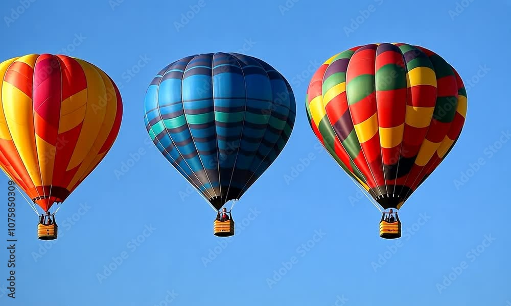Three hot air balloons of different colors are flying against a clear blue sky. Three hot air balloons of different colors are flying against a clear blue sky.