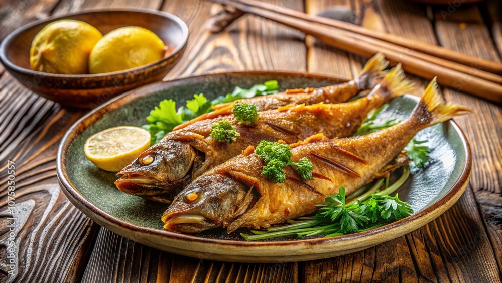 Aji Fry: Crispy and Delicious Japanese Dish Perfectly Plated on a Wooden Table with Fresh Herbs and Lemon Slices for a Vibrant Culinary Experience Aji Fry: Crispy and Delicious Japanese Dish Perfectly Plated on a Wooden Table with Fresh Herbs and Lemon Slices for a Vibrant Culinary Experience