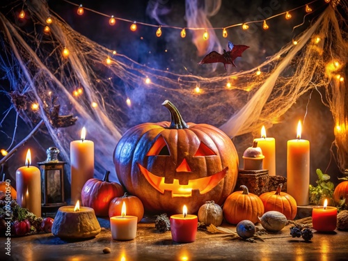 A Glowing Pumpkin Surrounded by Eerie Decorations Creating a Spooky Halloween Atmosphere for Night Photography Enthusiasts and Festive Decor Lovers photo