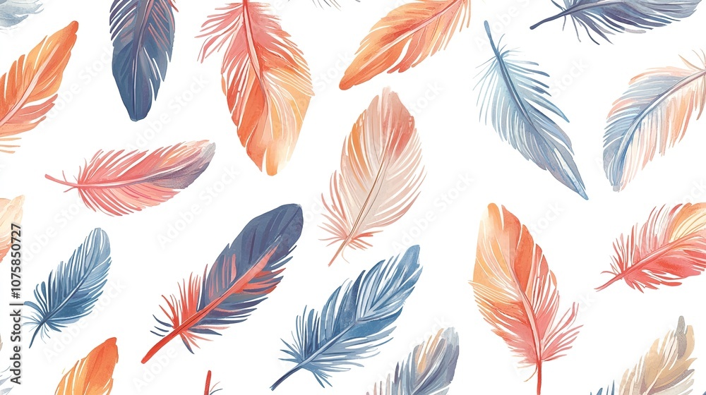 Fototapeta premium Elegant feather patterns wallpaper, featuring delicate and intricate designs of feathers in soft, flowing lines. The patterns are artfully arranged in a harmonious, repeating layout, creating a serene