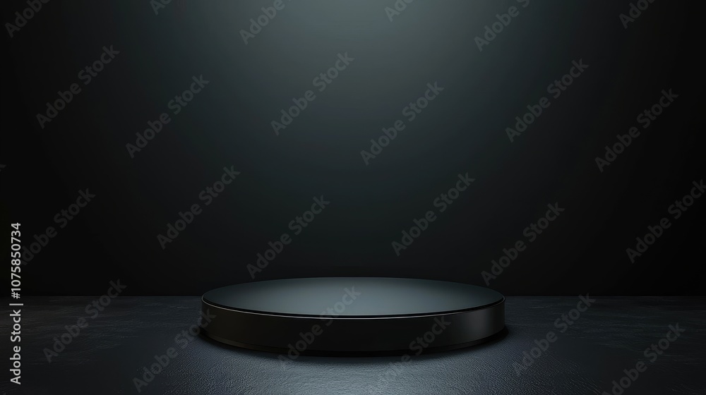 Black Circular Platform on Dark Background with Spotlight Black Circular Platform on Dark Background with Spotlight