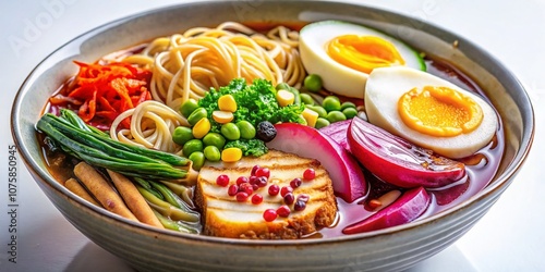 A Perfect Bowl of Ramen Isolated on White Background, Showcasing Delicious Ingredients and Textures for Culinary Enthusiasts and Food Photography Lovers