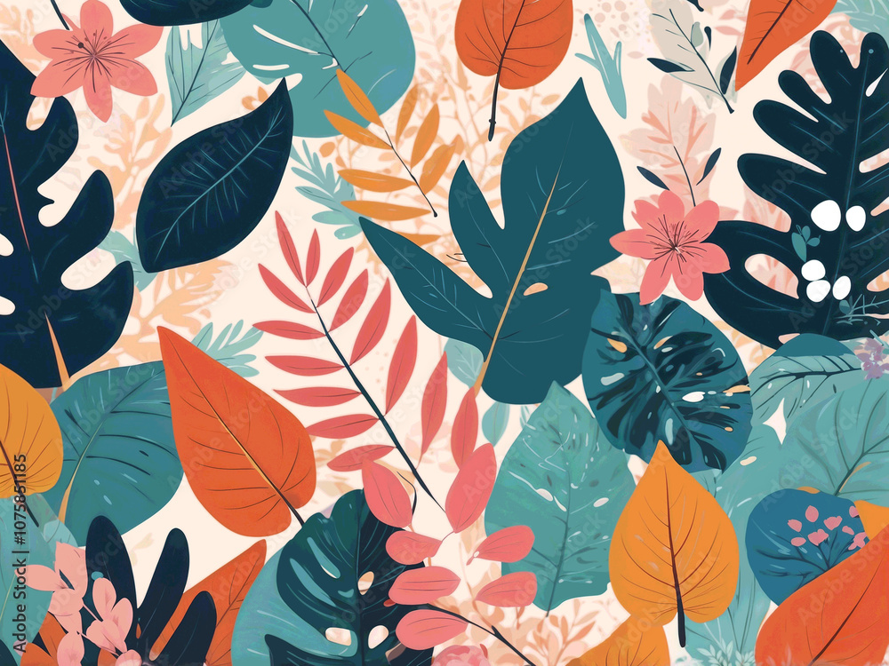 Fototapeta premium Abstract illustration Background with color exotic leaves, flowers. Modern floral compositions with summer branches in trendy flat simple style