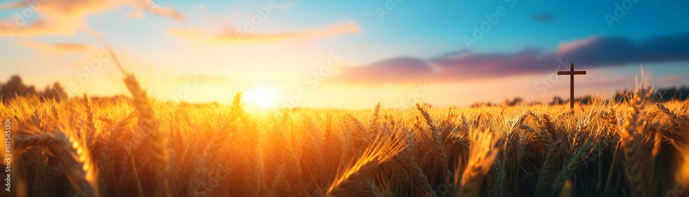 Cross in Wheat Field at Sunset, golden wheat, golden hour, faith, hope, religion Cross in Wheat Field at Sunset, golden wheat, golden hour, faith, hope, religion
