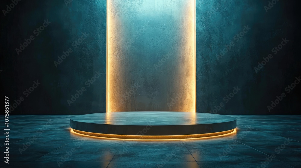 Circular Platform Illuminated by Golden Light in a Dark Room Circular Platform Illuminated by Golden Light in a Dark Room