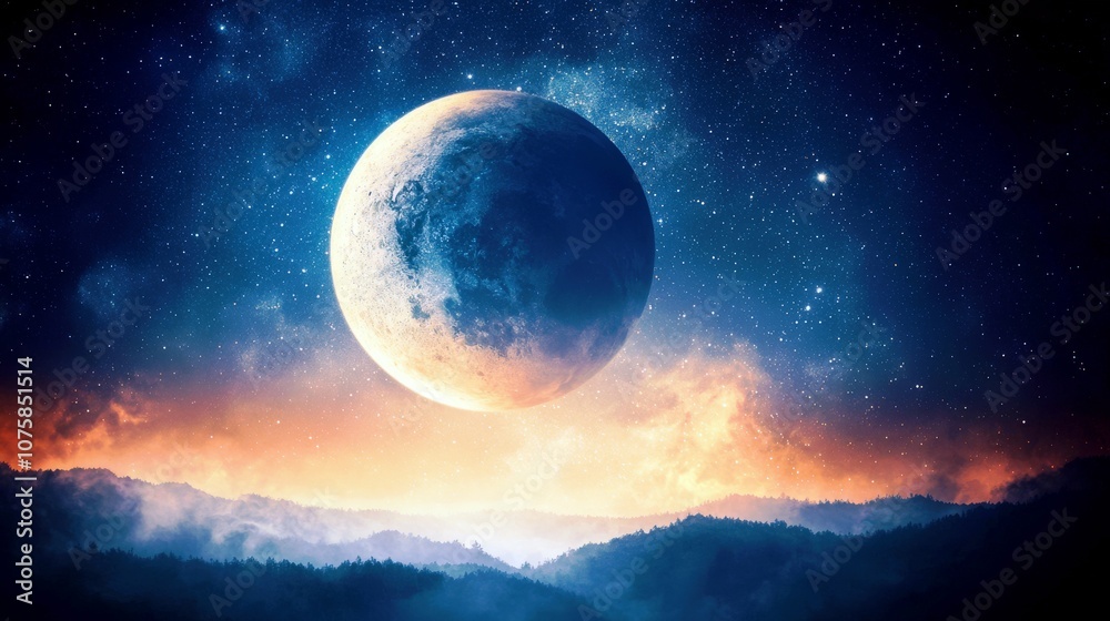 Breathtaking Night Sky with a Large Moon Above a Misty Valley Surrounded by Stars and Cosmic Colors in an Enchanting Landscape Scene Breathtaking Night Sky with a Large Moon Above a Misty Valley Surrounded by Stars and Cosmic Colors in an Enchanting Landscape Scene