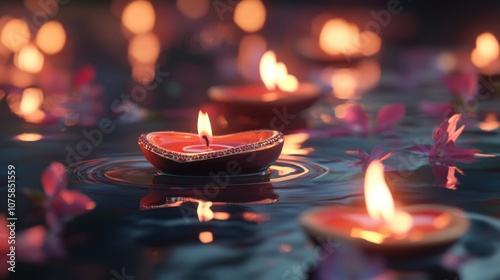 Generative AI digital art of Diwali candles gently floating in water, photo