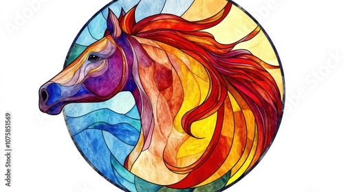 Graceful horse, stained glass style, watercolor clipart in the center on plain solid white background, high resolution, 8k, high quality, clean appearance photo