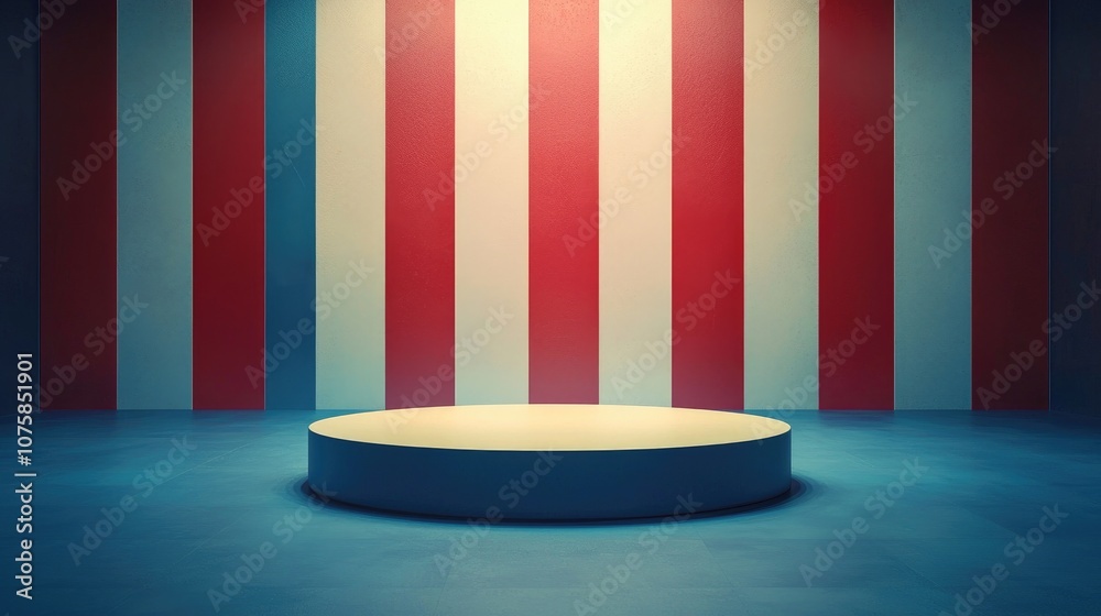 A Circular Platform with a Blue Base in Front of Striped Wall A Circular Platform with a Blue Base in Front of Striped Wall