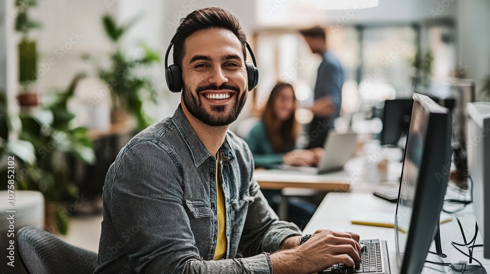 Happy male call-center operator assisting clients online, Happy male call-center operator assisting clients online,
