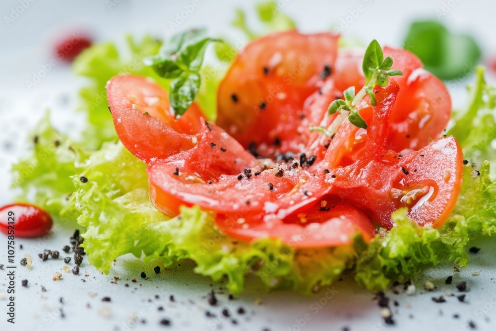 A simple and elegant salad of sliced tomatoes, lettuce, basil, and black pepper. A simple and elegant salad of sliced tomatoes, lettuce, basil, and black pepper.
