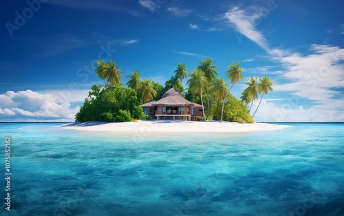 A serene tropical island with a thatched-roof hut surrounded by clear blue waters and palm trees.