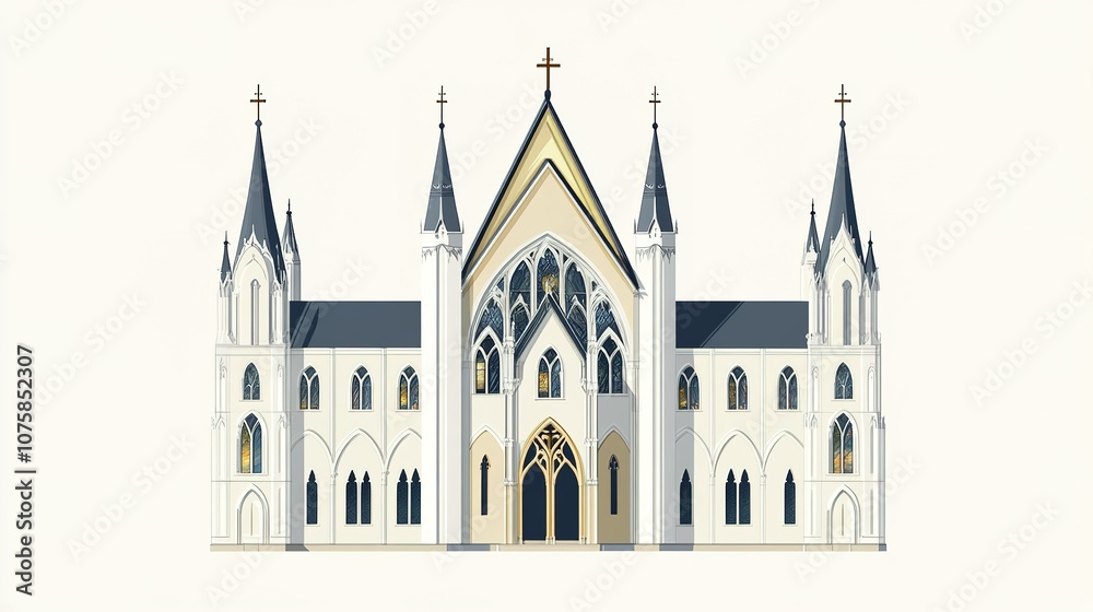 Obraz premium A detailed depiction of a Gothic-style church, featuring pointed arches, stained-glass windows, buttresses, and tall towers. The architectural design highlights the elegance and complexity