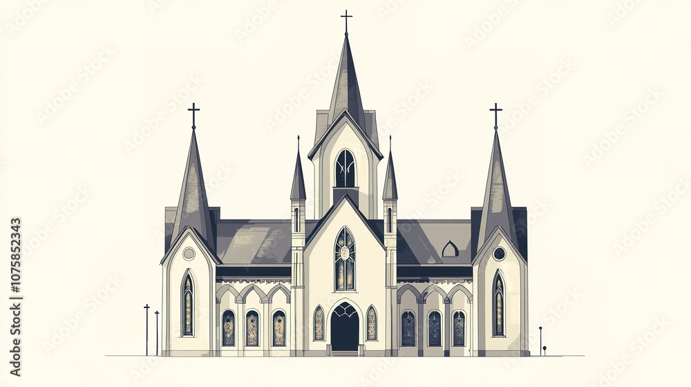 Obraz premium A detailed depiction of a Gothic-style church, featuring pointed arches, stained-glass windows, buttresses, and tall towers. The architectural design highlights the elegance and complexity