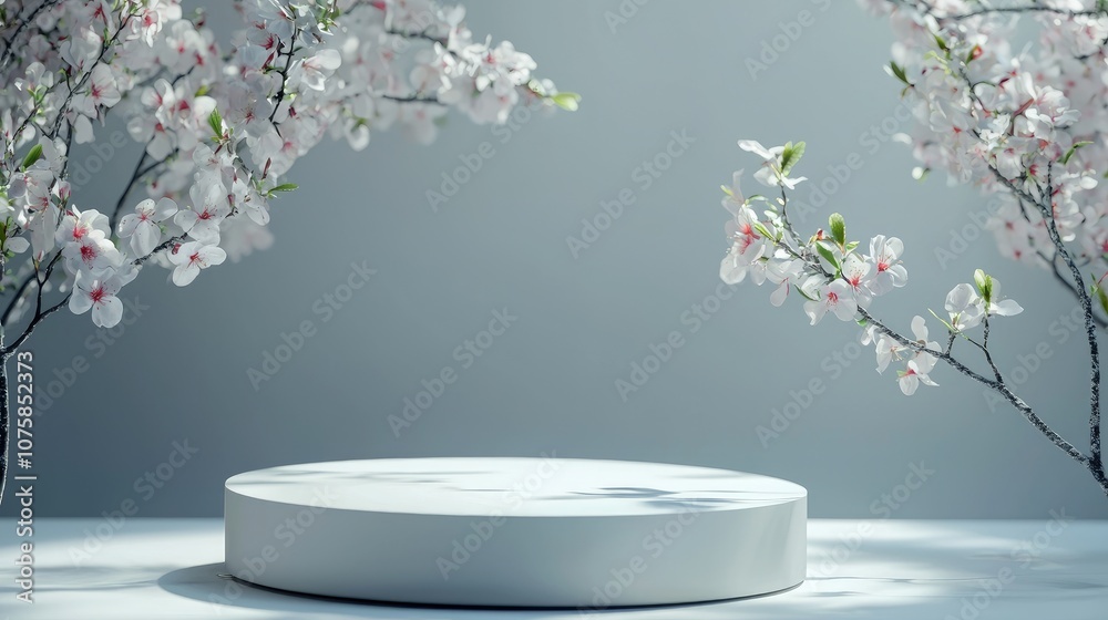 White Pedestal With Blooming Branches on Light Gray Background White Pedestal With Blooming Branches on Light Gray Background